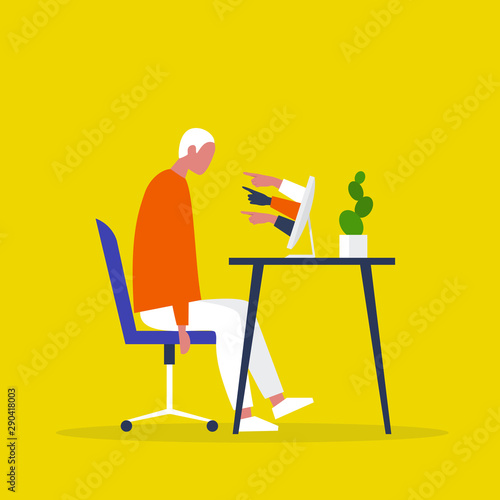 A victim of cyberbullying sitting at the computer. Pointing fingers of haters. Internet aggression. Modern life issues. Millennials. Flat editable vector illustration, clip art