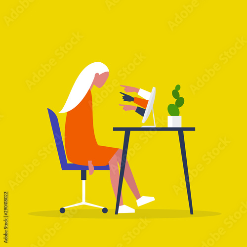 A victim of cyberbullying sitting at the computer. Misogyny. Sexism. Pointing fingers of haters. Internet aggression. Modern life issues. Millennials. Flat editable vector illustration, clip art