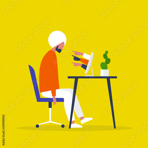 A victim of cyberbullying sitting at the computer. Racism. Pointing fingers of haters. Internet aggression. Modern life issues. Millennials. Flat editable vector illustration, clip art