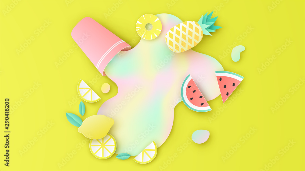 Paper art of fruit slice and mixed fruit juice in summer splash out from the glass. paper cut and craft style. vector, illustration.