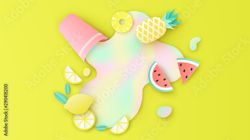 Paper art of fruit slice and mixed fruit juice in summer splash out from the glass. paper cut and craft style. vector, illustration.