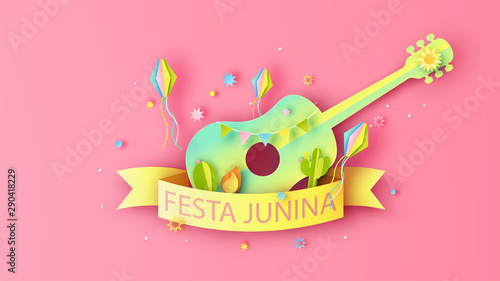 Festa Junina calligraphy on paper ribbon space decorated with guitar, cactus, bonfire, balloon, flag and firework. paper cut and craft style. vector, illustration.