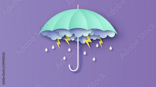 Thunder storm on dark cloudy and raindrop design inside umbrella for rainy season. paper cut and craft style. vector, illustration.