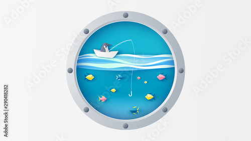 View of the underwater world through the porthole of Submarine see penguin sitting on boat are fishing. paper cut and craft style. vector, illustration.
