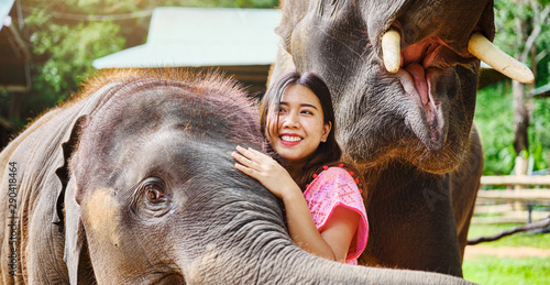 female thai tourist having fun with baby and mother elephant at sanctuary in thailand photo