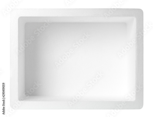 Empty styrofoam box isolated on white background, Top view.