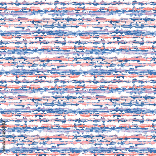 Blurry shibori striped tie dye background. Seamless pattern irregular broken stripe on bleached resist white background. Dip dyed bright batik textile. Variegated textured trendy fashion swatch