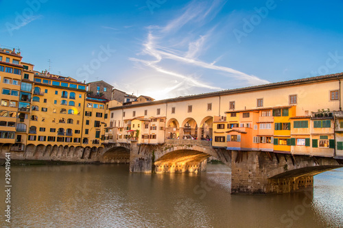 Florence, Italy-June 16, 2019: Scenic beautiful Ponte Vecchio bridge in Florence historic city center