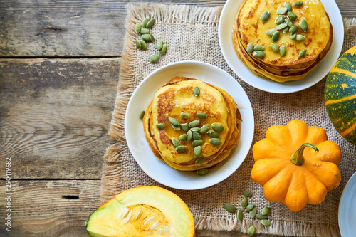 Pumpkin pancakes with seeds and honey