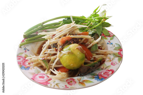 Papaya salad on white background. Food. Photo