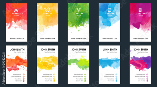 Big set of bright colorful business card template with vector watercolor background 