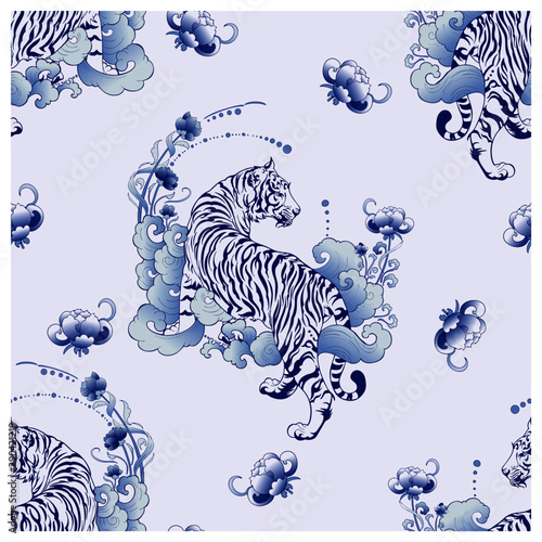 illustration white tiger design in tattoo  blue Porcelain seamless pattern elements vector with white background