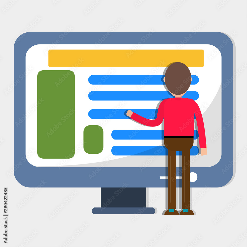 man touch the pc screen monitor for web development concept vector illustration man touch the pc screen monitor for web development concept vector illustration