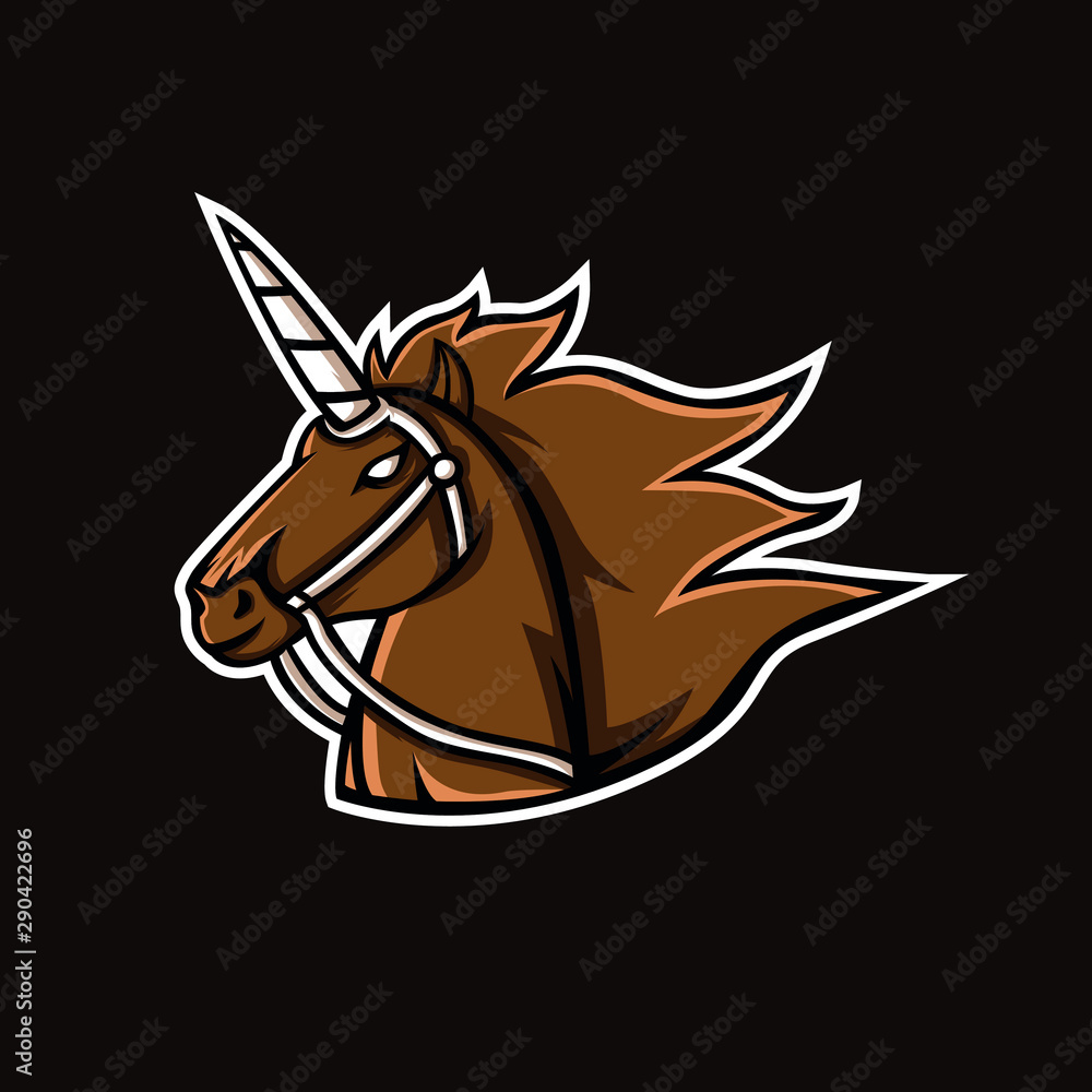 Fototapeta logo maskotki brązowego jednorożca. sportowa maskotka konia z rogiem