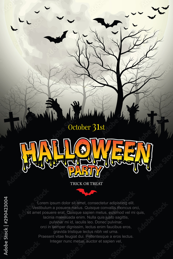 Zombie hands rising in dark Halloween night  Spooky forest with full moon and grave.Vector illustrator
