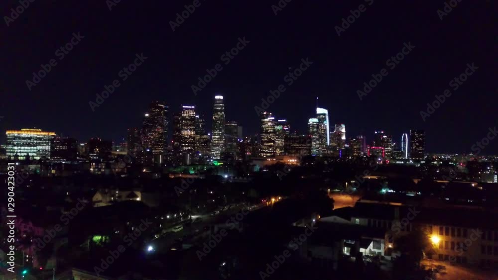 Wide aerial shot of downtown Los Angeles skyline at night. 4K Wide aerial shot of downtown Los Angeles skyline at night. 4K