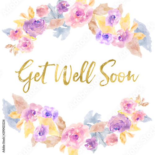 Фотография Watercolor Flower Wreath Background With Get Well Soon Text