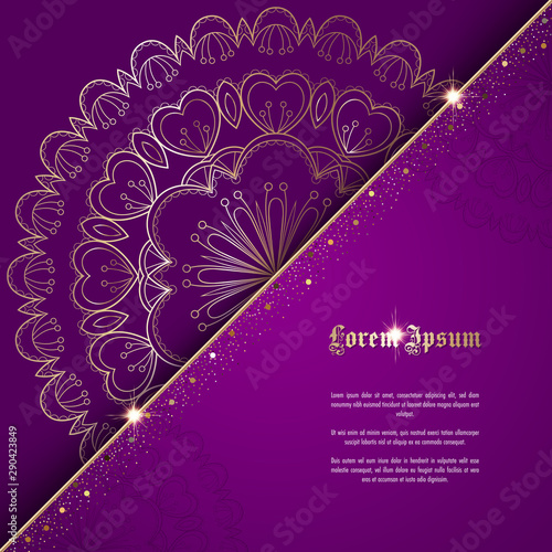 Greeting card or invitation template with golden ornament and confetti. Design for any purposes: wedding, birthday, anniversary or christmas