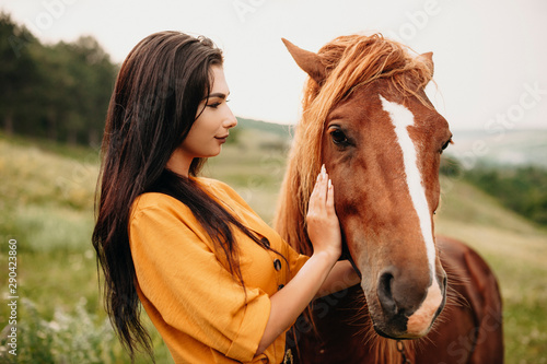 Portrait of a charming young woman embracing a horse. Lovely female touching a horse face smiling. © Strelciuc