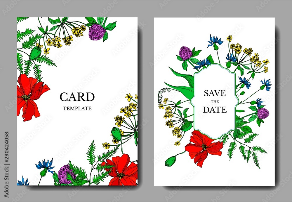 Obraz premium Vector Wildflowers botanical flowers. Black and white engraved ink art. Wedding background card decorative border.