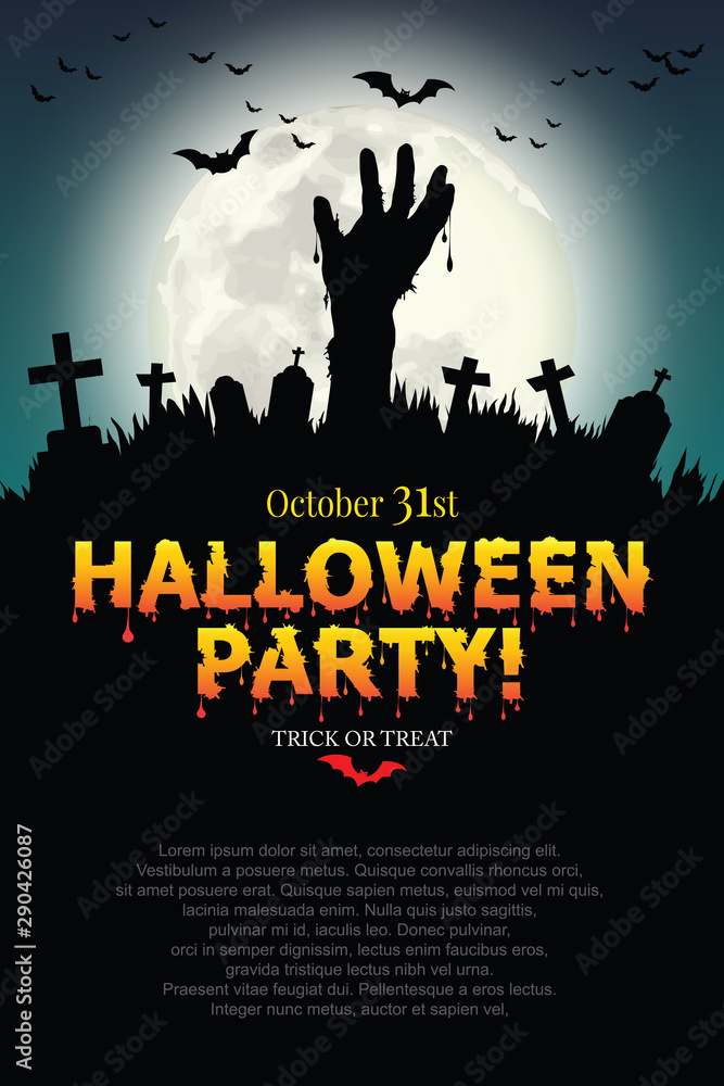 Zombie hands rising in dark Halloween night. Vector illustrator