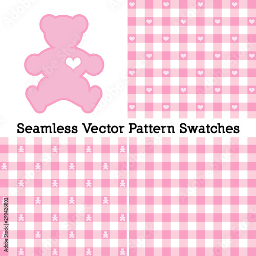 Teddy Bear with a big heart, pastel pink gingham check seamless patterns in three designs. Vector file includes pattern swatches that will seamlessly fill any shape. 