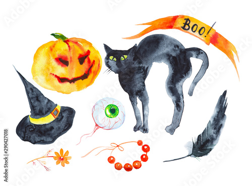 Holiday set for Halloween, pumpkin, black cat, hat, feather, eye, beads, flower .Watercolor illustration isolated on white background