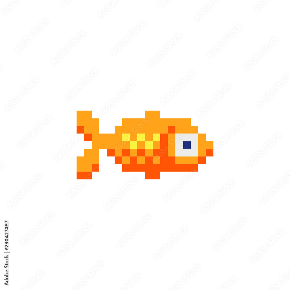 Fish character, aquarium fish logo pixel art icon. Isolated vector illustration. Design elements for logo, sticker and mobile application. Fish character, aquarium fish logo pixel art icon. Isolated vector illustration. Design elements for logo, sticker and mobile application.