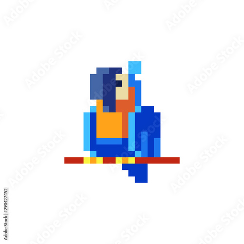 Parrot sits on a perch. Pixel art icon. Budgerigar character.  Sticker and embroidery design. Isolated vector illustration. 