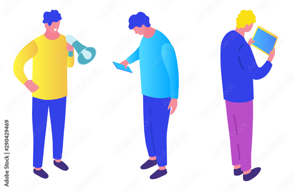 Young man holding a megaphone or loudspeaker. Man with a smart phone and tablet in hand. Isometric people. Announcement, sales, offer, product introduction concept illustration in vector flat style. Young man holding a megaphone or loudspeaker. Man with a smart phone and tablet in hand. Isometric people. Announcement, sales, offer, product introduction concept illustration in vector flat style.