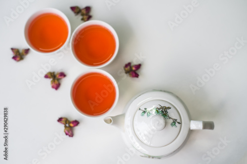 Rose tea on a white background,top view