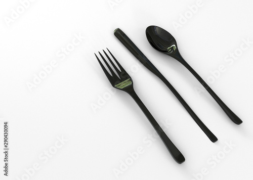 Black fork  knife and spoon isolated on white background. 3d rendering.