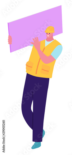 Labourer carrying plywood. Flat style. Concept illustration with colored characters.