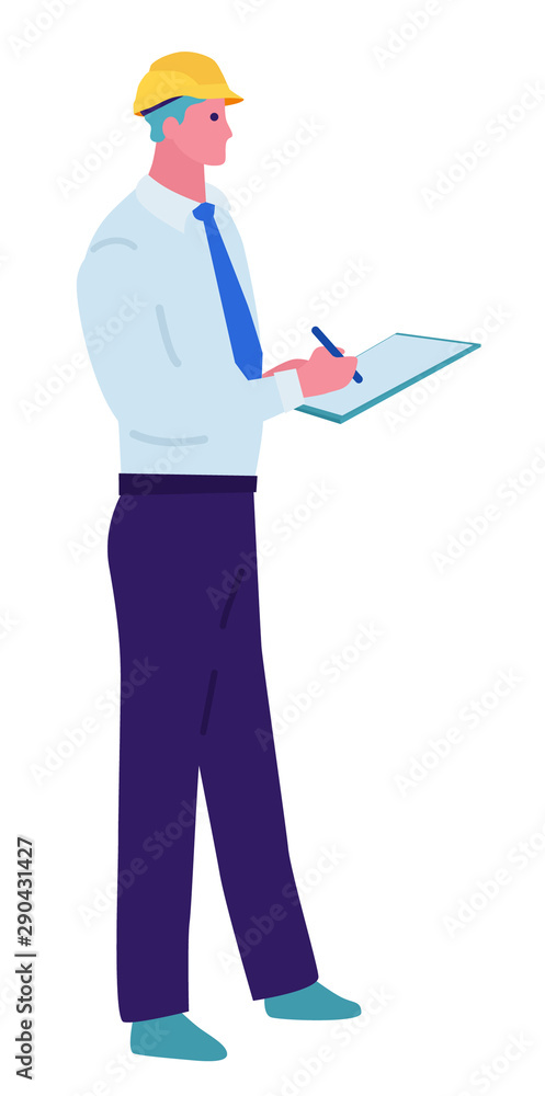 Construction Contractor Businessman with clipboard on White background. Flat style. Concept illustration with colored characters.