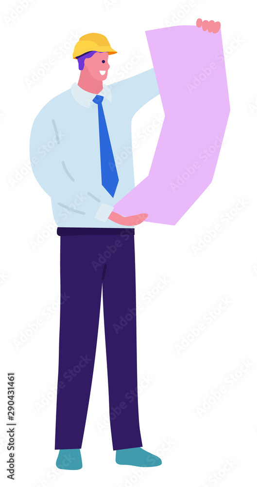roll paper man reflective vest helmet. architect considers drawings on whute background. Flat style. Concept illustration with colored characters. roll paper man reflective vest helmet. architect considers drawings on whute background. Flat style. Concept illustration with colored characters.