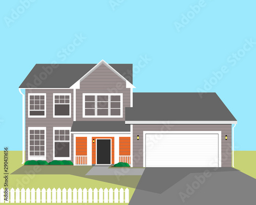Two-story residential building with an American-style garage. Vector illustration.