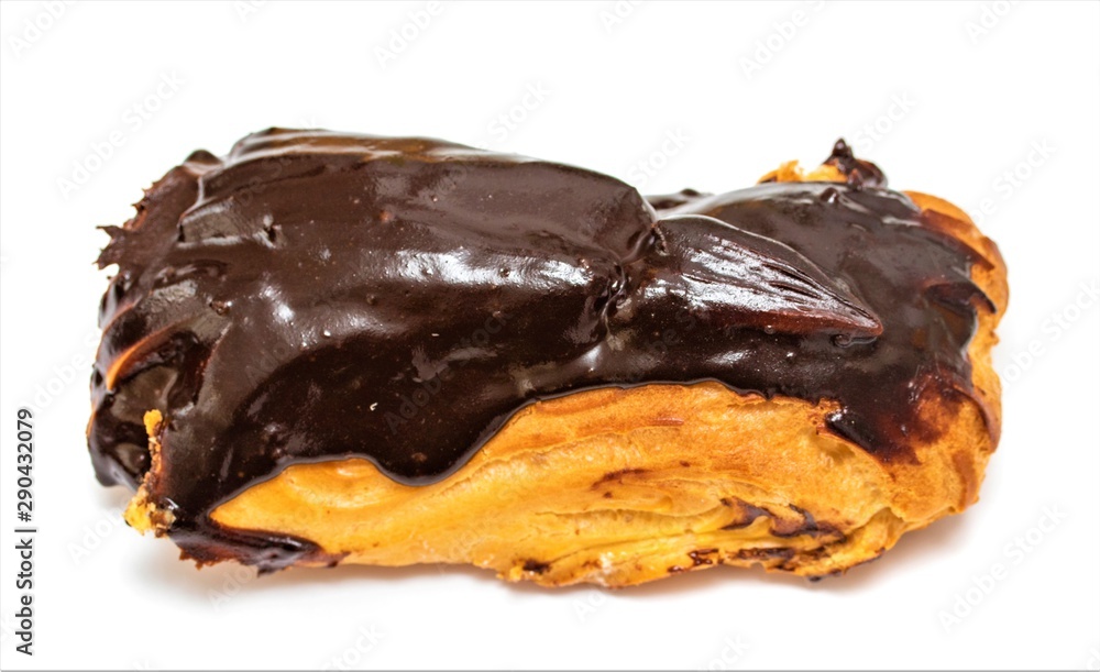 Chocolate custard cake on a white background Chocolate custard cake on a white background