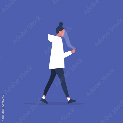 Smartphone addiction. Cloud. Young female user staring at the smartphone screen. Concept. Social media. Millennial issues. Flat editable vector illustration, clip art
