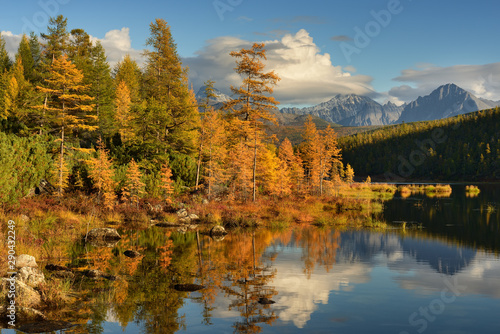 Autumn landscape with lake and trees, Magadan region, Kolyma, Jack London lake