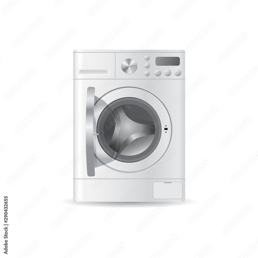Vector realistic automatic washing-machine with front-loading clothes isolated on white background. 3D illustration.