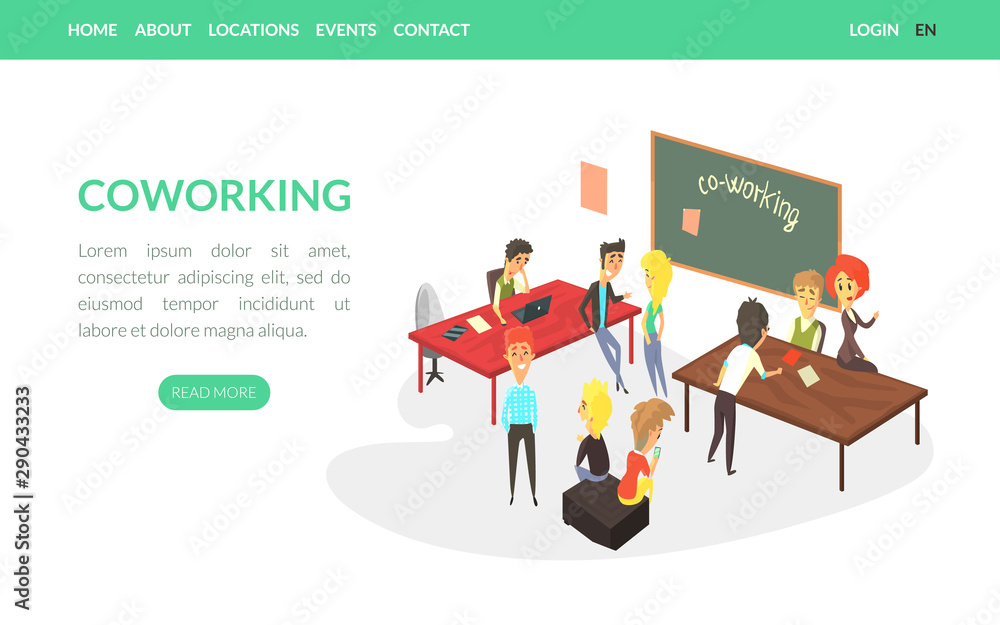 Coworking Landing Page Template, Business People Working Together in Friendly Open Workspace, Freelance, Teamwork, Interaction Website Vector Illustration Coworking Landing Page Template, Business People Working Together in Friendly Open Workspace, Freelance, Teamwork, Interaction Website Vector Illustration