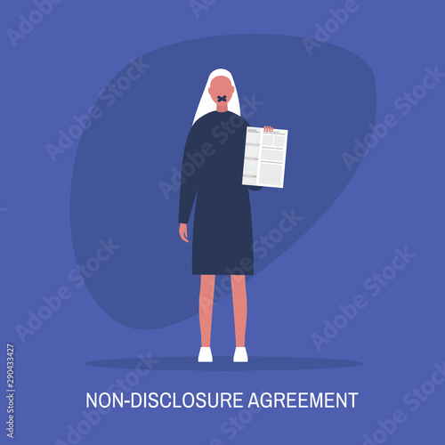 Non-disclosure agreement. Young female character with a taped mouth holding an NDA document. Business concept. Flat editable vector illustration, clip art