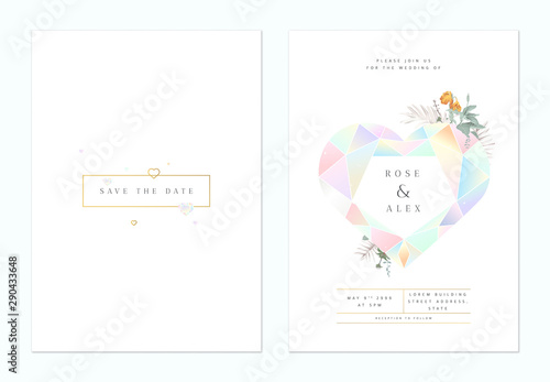Minimalist botanical wedding invitation card template design, heart shaped cut gemstone decorated with leaves on white, pastel theme