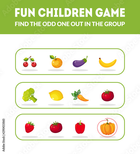 Fun Children Game  Find the Odd One Out in the Group   Educational Game for Preschool Kids Vector Illustration