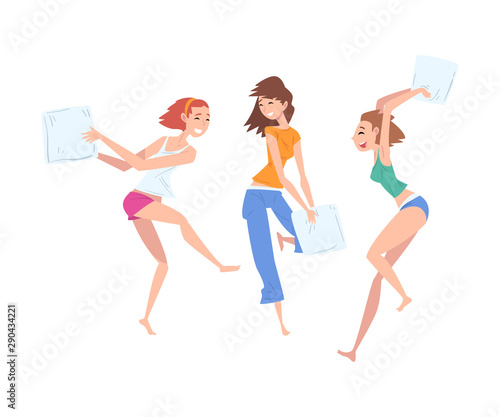 Beautiful Girls Dressed in Pajamas Playing Pillow Fight at Slumber Party, Group of Girlfriends, Female Friendship Vector Illustration