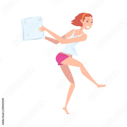 Beautiful Happy Girl in Pajama Playing Pillow Fight at Slumber Party Vector Illustration