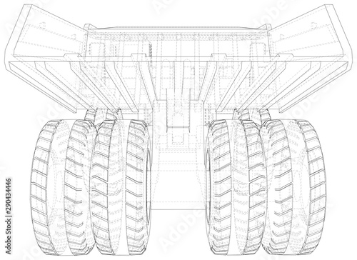 Heavy duty dump truck tipper drawing on white. EPS10 format. Vector created of 3d. Wire-frame style.