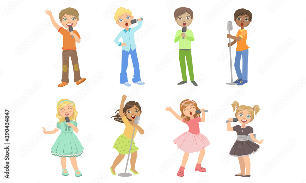 Children Singing with Microphones, Teen Boys and Girls Performing on Stage Vector Illustration