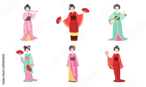 Japanese Girls in Traditional Clothes Set, Beautiful Asian Woman Wearing a Kimono, Geisha and Kabuki Characters Vector Illustration