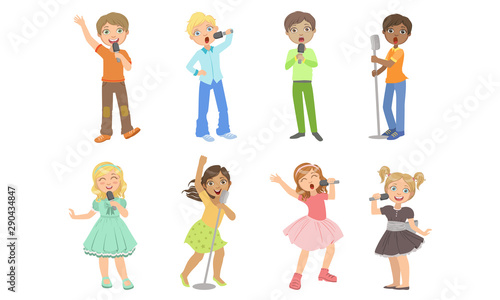 Children Singing with Microphones, Teen Boys and Girls Performing on Stage Vector Illustration